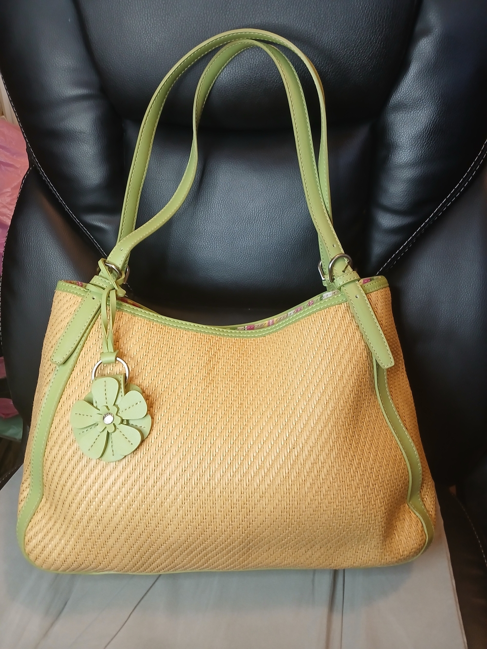 Fossil Straw Tote Bag with Green Leather Trim